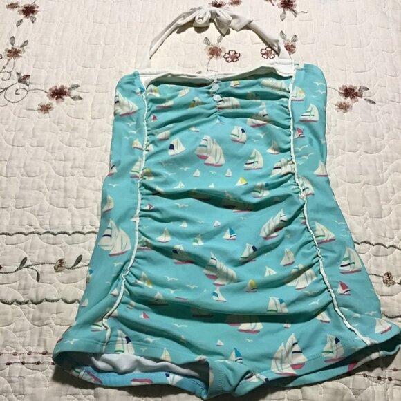Janie and Jack Sky Blue Sailboat Print One Piece Swimsuit--Girl's Size 10